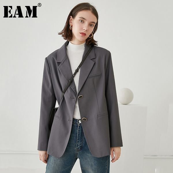 

eam] 2019 new spring summer lapel long sleeve gray button split joint loose big size jacket women coat fashion tide jx153, Black;brown