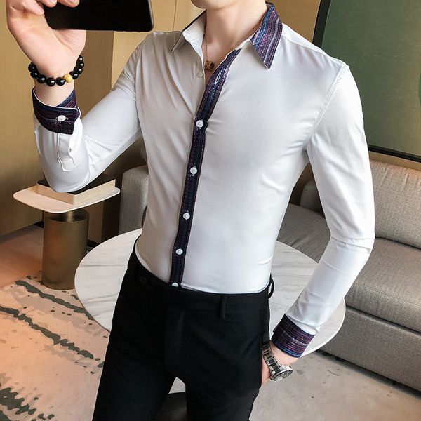 

gzdeerax весна мужские рубашки роскошный воротник и вскользь манжета сращивание с длинным рукавом мужские рубашки платья мода slim fit мужск, White;black