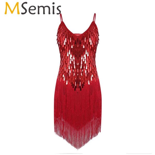 

msemis women latin dance dress sequin fringe tassel dress ballroom samba salsa tango competition costume practice dance clothing, Black;red