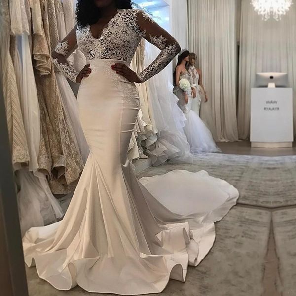 

gorgeous mermaid lace wedding dresses 2019 sheer long sleeves v neck appliques chapel train arabic bridal gowns plus size customized, White