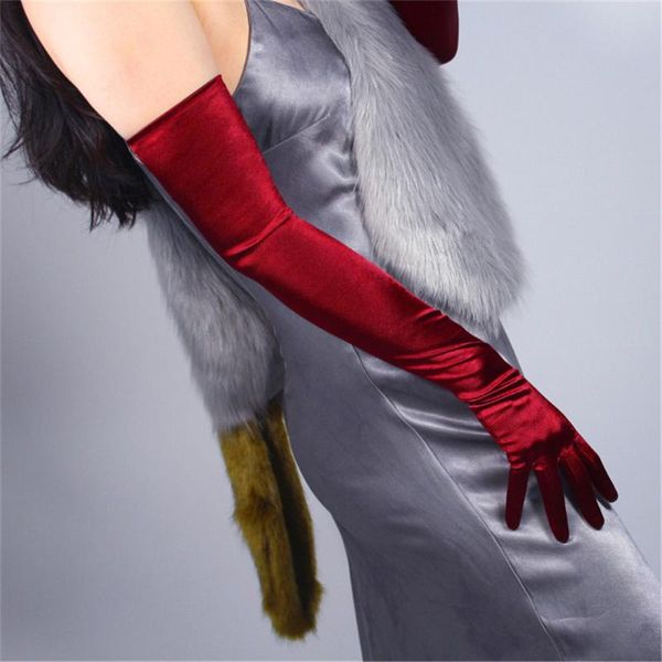 

silk gloves female 58cm elastic silk satin deep red wine red long sunscreen gloves 3-scjh58, Blue;gray