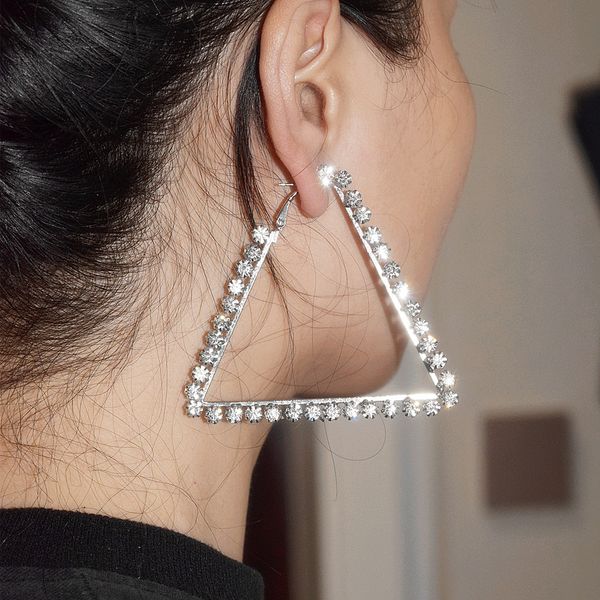 

2019 new women fashion shiny rhinestone triangle charm hoop earrings brand alloy geometric collection earrings jewelry, Golden;silver