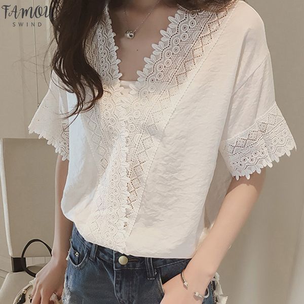 

fashion lace women blouses shirt summer short sleeve women hollow lace v neck blouse women shirt female blusas femininas, White