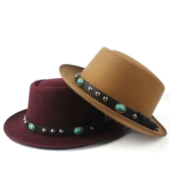 

women men wool pork pie hat with flat fedora hat for gentleman elegant lady gambler trilby fascinator size 58cm, Blue;gray