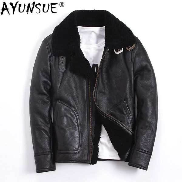 

ayunsue genuine leather jacket men natural fur sheep shearling jacket winter men sheepskin coat chaqueta cuero hombre 8015kj1146, Black