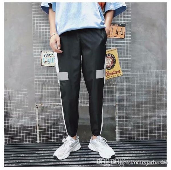 

mens casual designer pencil pants 3m reflective stripe print fashion style homme clothing pocket casual apparel, Black