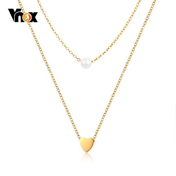 

vnox layered heart cross charm choker for women simulated pearl stainless steel elegant female chic street wear jewelry, Golden;silver