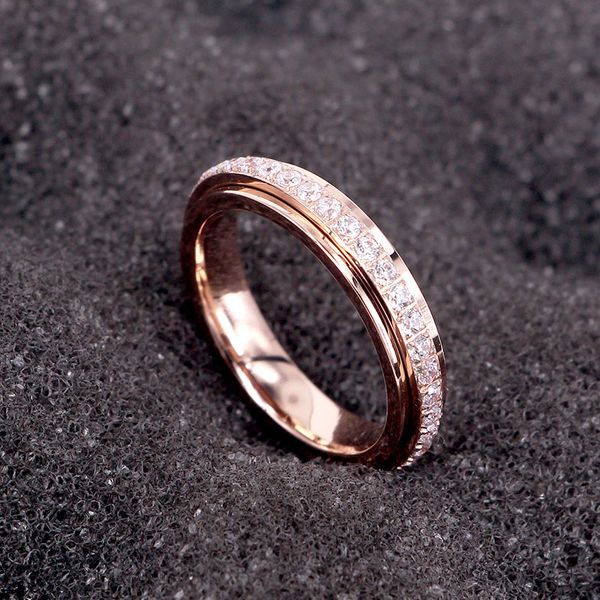 

new design rotatable shiny zircon ring titanium steel woman ring wedding promise jewelry love brand anillo gift, Slivery;golden