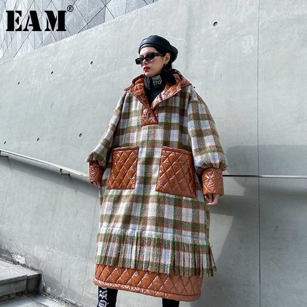 

eam] loose fit plaid split big size woolen coat parkas new hooded long sleeve women fashion tide autumn winter 2019 1n309, Black