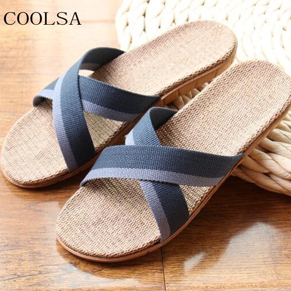 

men's cross striped linen slippers indoor non-slip home l flax slippers beach flip flops men slides flat sandals house shoes, Black