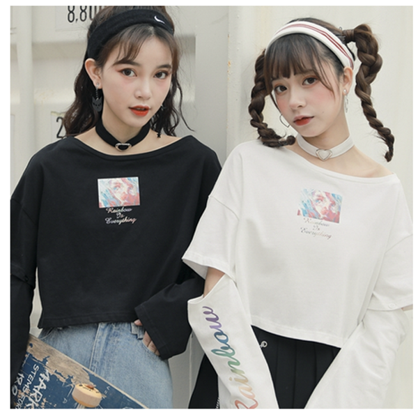 

2020 summer new clavicle long sleeve short casual t-shirt young girl student cute cartoon print loose pullover preppy style, White