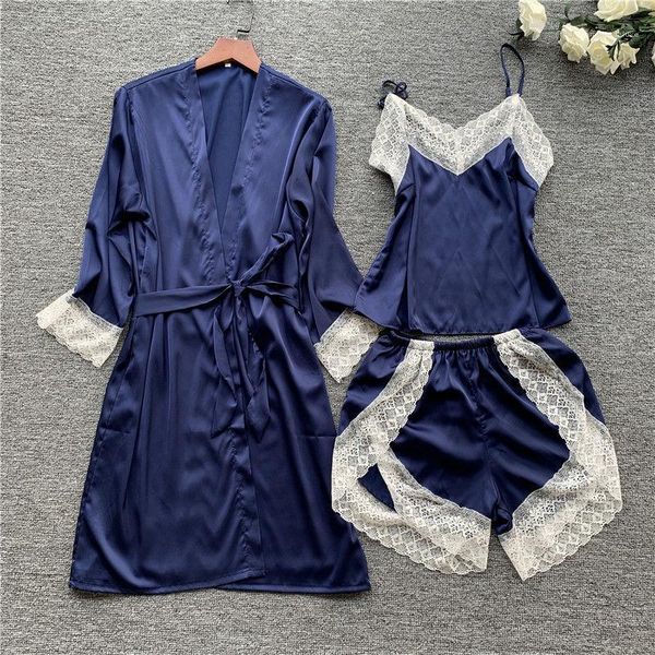 

sleeve contrast color womens sleepwear sets camisole shorts robe sets womens 3pcs nightgown sets long, Black;red
