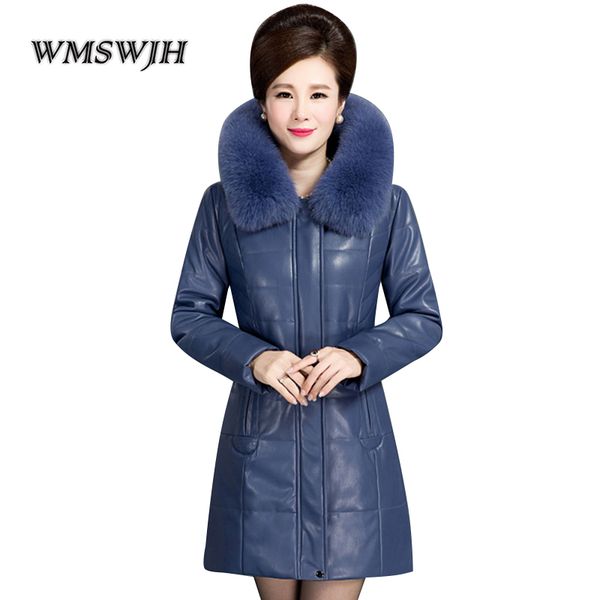 

2019 new winter middle aged women jacket fashion fur collar hooded leather jacket women winter down cotton pu leather coat on29, Black