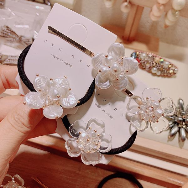 

new simple pentagram imitation pearl beautiful flower korea temperament elastic hair rubber bands women fashion hair accessories, Slivery;white
