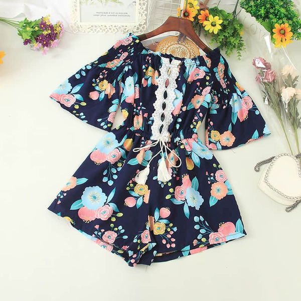 

women's jumpsuits & rompers 2021 summer jumpsuit women ins boho printed playsuits hollow lace trim sashes waist ladies beach off-should, Black;white