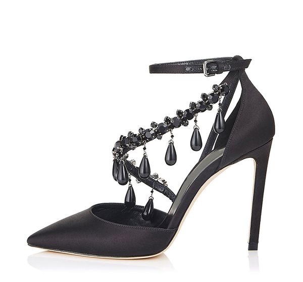 

fashion black crystal tassel women pumps pointed toe ankle women buckle strap thin high heel sandals for party wedding zapatos de mujer