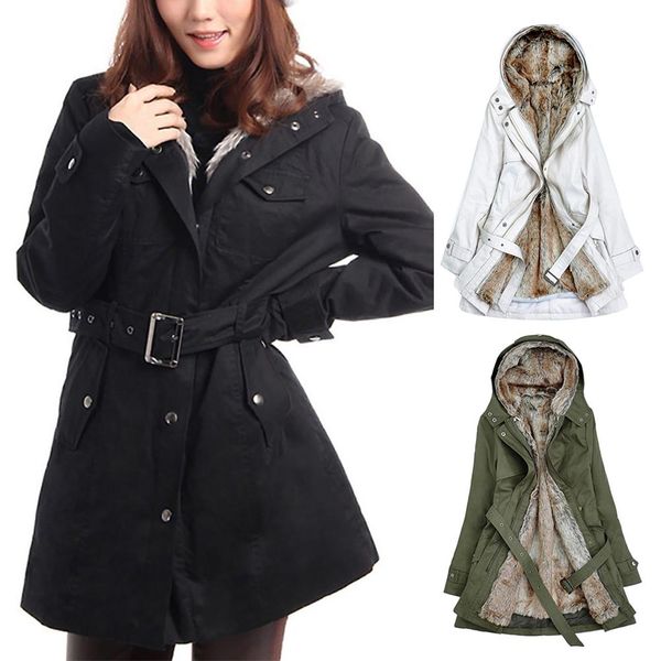 

women autumn and winter thick plush middle and long hooded long coat jacket (with belt, Black