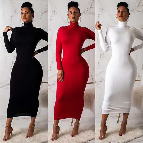

2019 Women Designer Silk Bodycon Dress Sheath Slim Fit Long Turtle Neck Dresses Long Sleeved Tops