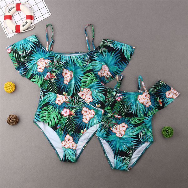 

family matching swimsuit mother and daughter floral one piece body swimer brazilian bikini monokini ruffles collar bathing suits
