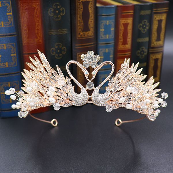 

handmade crystal swan hair crown diadem silver gold pearl tiara bride princess crown birthday girl wedding jewelry, Golden;white