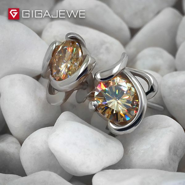 

gigajewe moissanite golden round cut total 1.0ct lab grown diamond silver earrings fashion jewelry girlfriend gift, Golden;silver