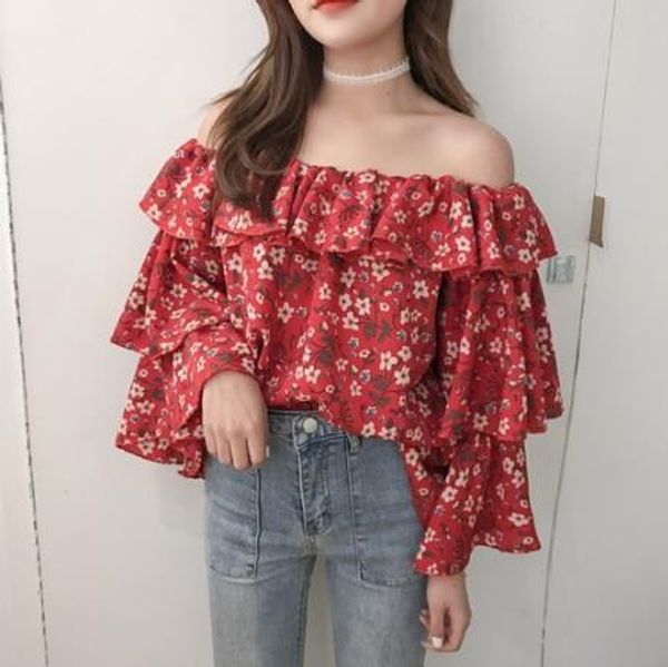 

korean slash neck short women blouse flare sleeve ruffles vintage shirts flower print bohemian female blusas lj349, White
