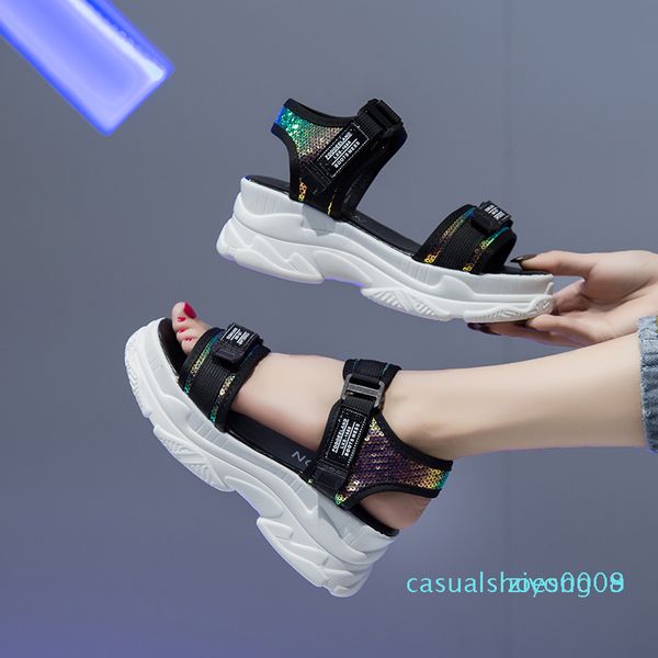 

2020 thick bottom wild female summer new wedge heel high-heeled sports increased fairy cool beach z08, Black