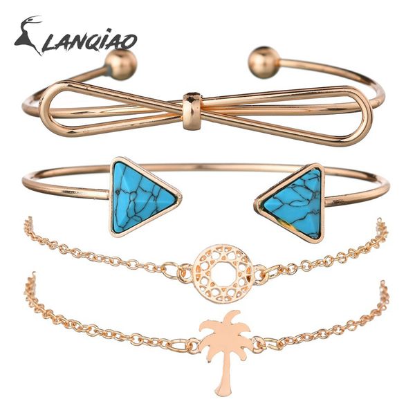 

boho butterfly coconut tree pine stone triangle bracelet charm jewelry for women blue gold silver color hollow round 4 pairs/set, Black