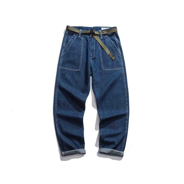 

men casual streetwear straight wide leg indigo blue jeans with belt