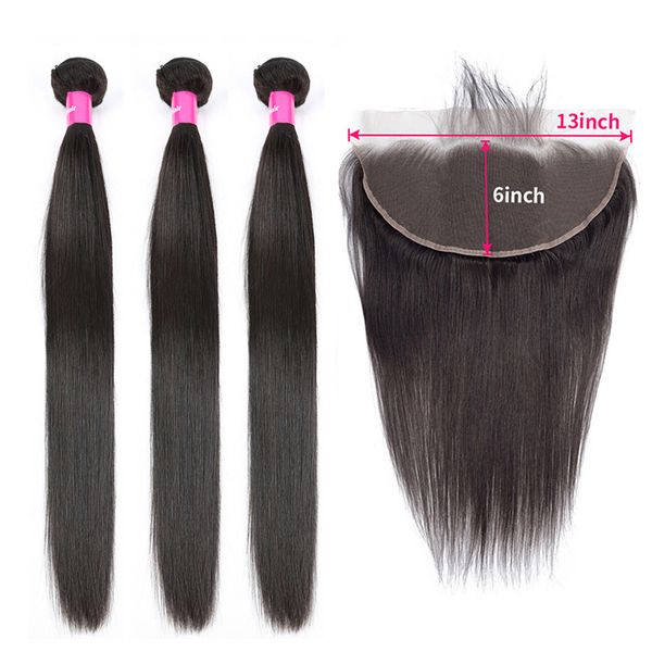 

human hair 13x6 lace frontal closure with bundles brazilian straight hair 3 bundles with frontal natural color, Black