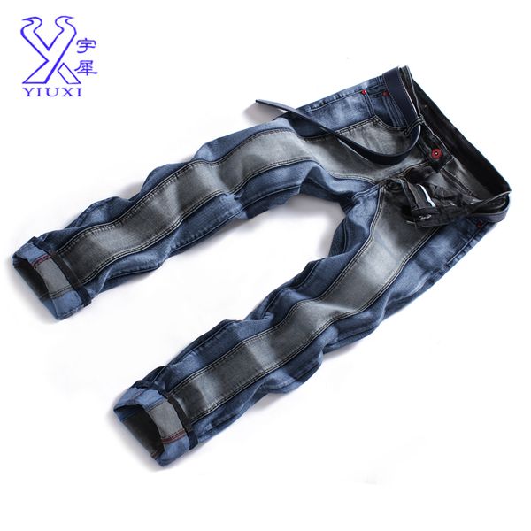 

men's wear dark blue mosaic color matching jeans male han edition cultivate one's morality joker stretch pants straight cultivat