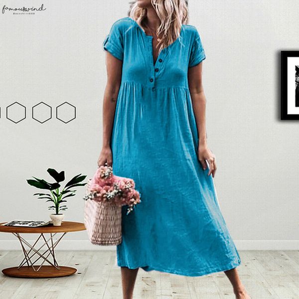 

2020 women dress summer boho solid short sleeve linen long dress sundress splice button maxi dress vestidos plus size, Black;gray