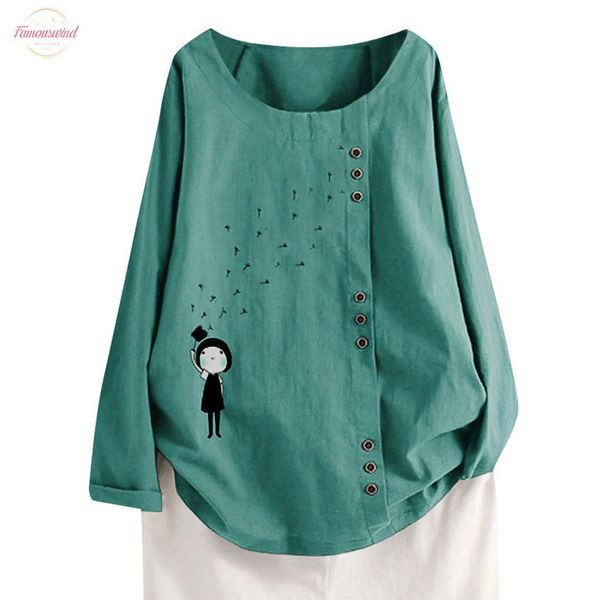

plus size 5xl women linen blouse autumn fashion long sleeve linen o neck fish printed blouse blusas mujer de moda 2020, White
