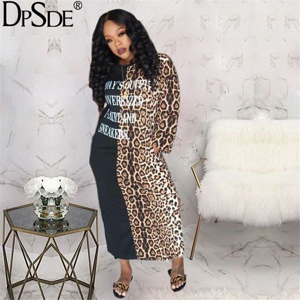 

dpsde black leopard grain patchwork long women dress o neck full sleeve loose blue dress the letter autumn new 2020 casual, Black;gray