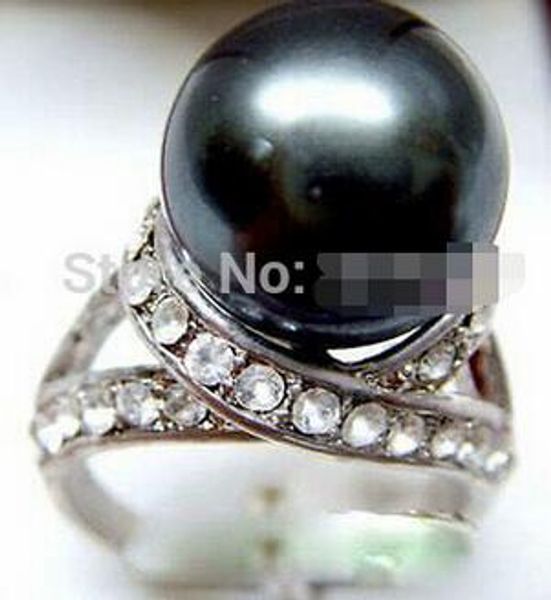 

902 12mm crystal black shell pearl ring size 6-9, Slivery;golden