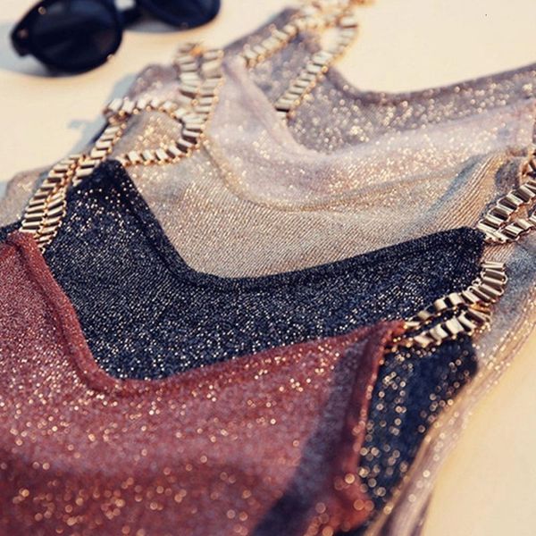 

tank womens fashion tank 2019 female club spaghetti girl camisole metal strap sweater thin bright mesh bling top, White