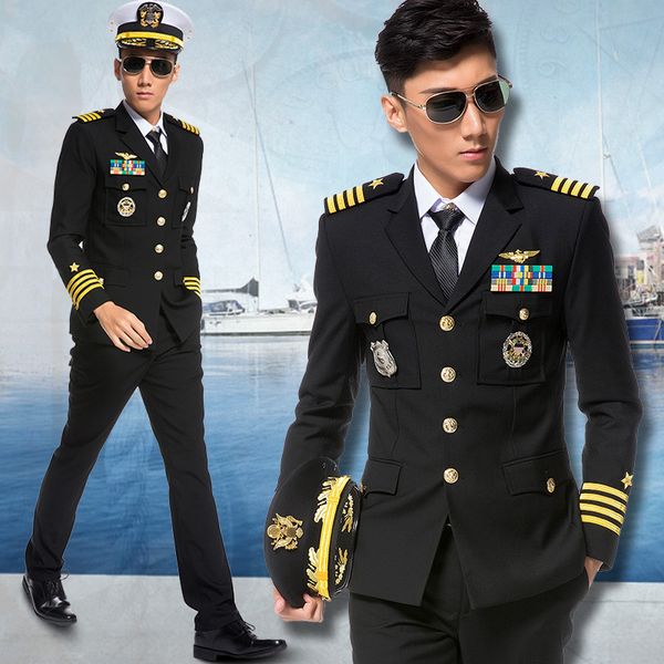 

2019 spring autumn fashion mens captain pilot uniforms suits long sleeve solid men dress jacket+pants+accessories plus size, White;black