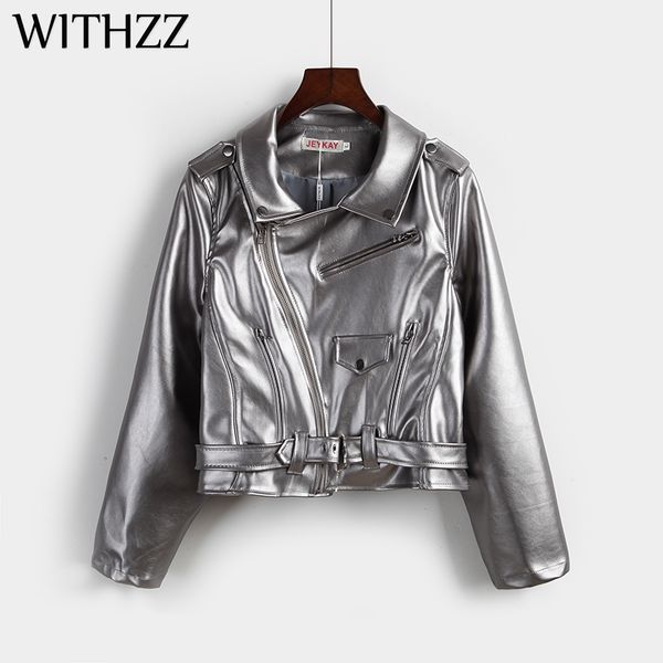 

women's jackets withzz lapel short jacket silver pu motorcycle leather slim female bomber for women spring autumn, Black;brown