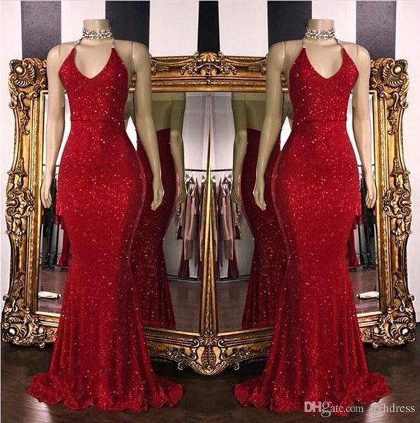 

2019 new red sparkling sequins mermaid long prom dresses halter beaded backless sweep train formal party evening dresses aw354, Black