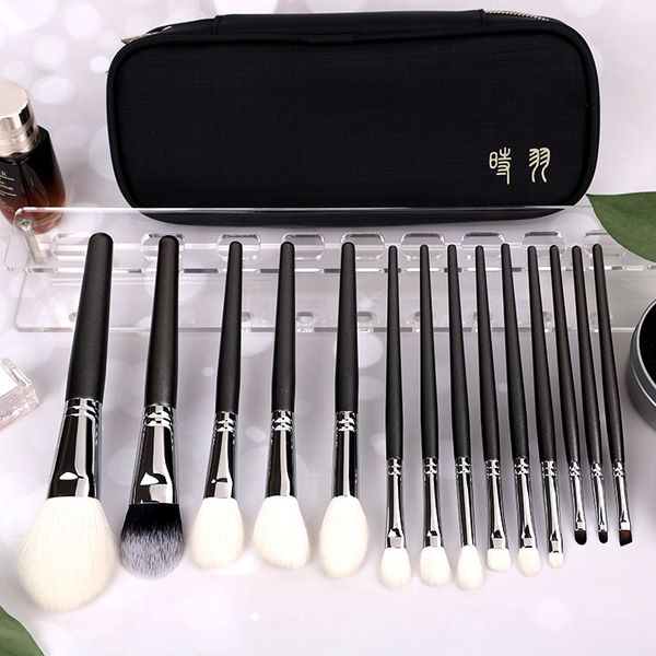 

14pcs макияж кисти set профессиональный коза волос деревянные + медная труба ручка high end face blender макияж кисть с футляром