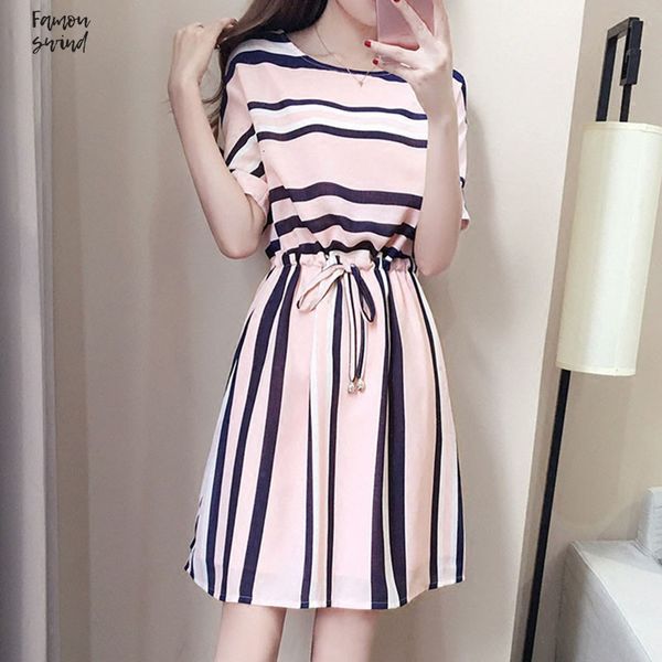 

корейское платье лето женщин типа платья лета женщины o шеи тонких нашивок линии с коротким рукавом женщина повседневной мини-платье, Black;gray