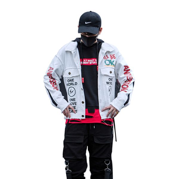 

men's hip hop denim jacket fashion graffiti printed jacket hi street autumn coat streetwear for male, Black;brown