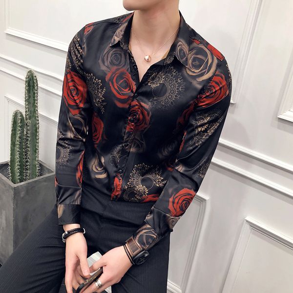 

rose print floral men camisa masculina hawaiian long sleeve flower slim fit pron club party shirt, White;black