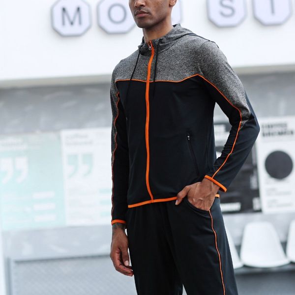 

men sport coat hooded long sleeve zipper color stitching pockets slim coat, Black;red