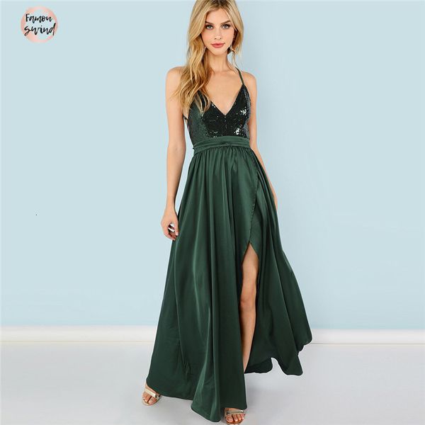 

зеленый пришивания летнее платье split v шеи новая высокая талия sexy maxi платье backless атласные вечерние платья партии, Black;gray