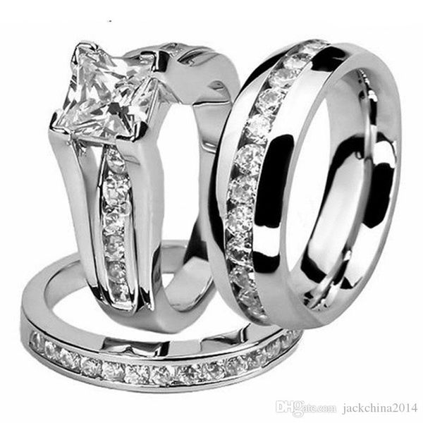 

his and her couple ring set fashion jewelry 10kt white gold filled stainless steel z crystal women men bridal ring set gift size 5-13, Slivery;golden