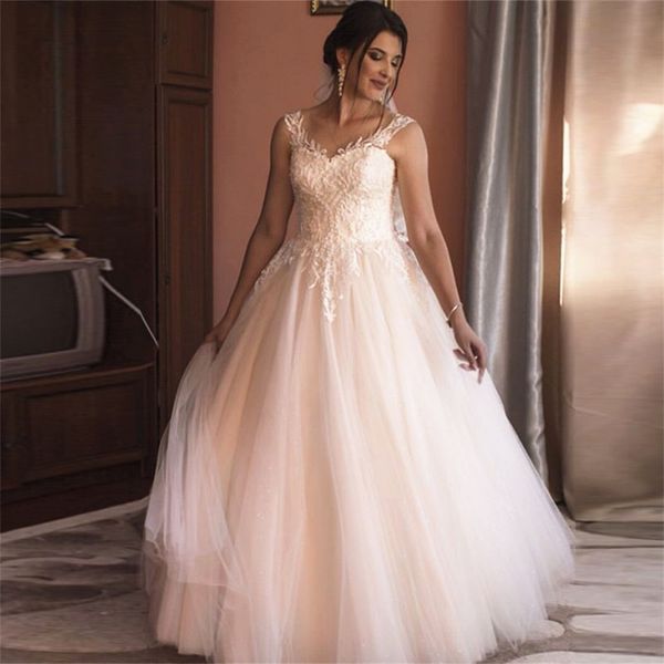 

plus size wedding dresses lace sheer neck sleeveless a line tulle tutu skirt sweep train 2020 bridal gowns plus size customize, White