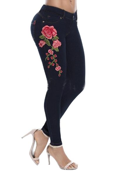 

women embroidered stretch jeans high waist button pockets skinny pencil denim pants, Blue