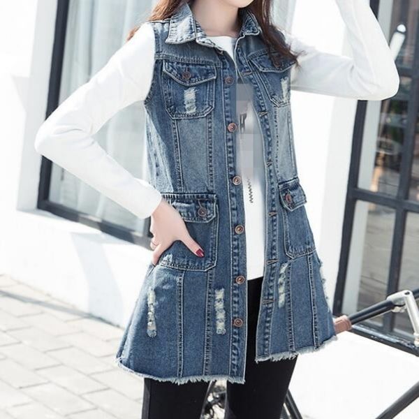 

women's vests arrival 2021 sprint solid hole jeans jackets for women colete feminino single breasted female waistcoat pockets plus size, Black;white
