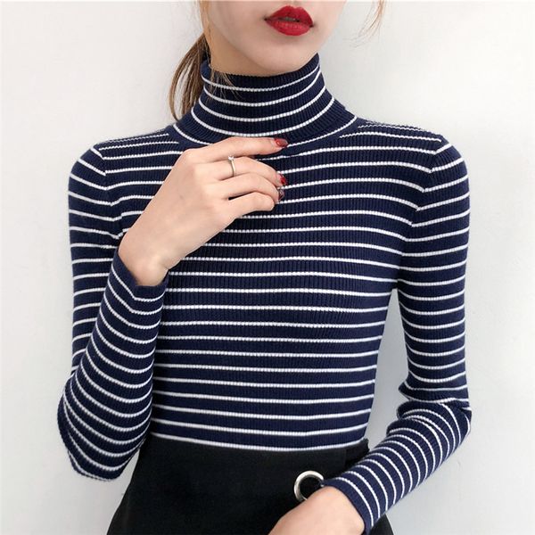 

autumn winter new korean women clothing stripe knitwear slim all match bottoming long sleeve pullover turtleneck sweater, White;black